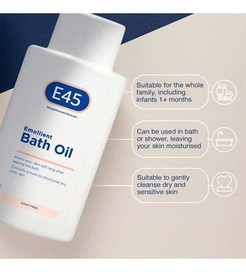 E45 Bath Oil Emollient to Moisturise&Hydrate Dry Skin Gently Cleanses for Soft Skin Soap Free 500ml